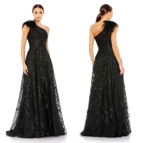 Mac Duggal Dresses & Skirts - Mac Duggal 20389 Embellished One Shoulder Feather A-Line Gown Size 10 NWT